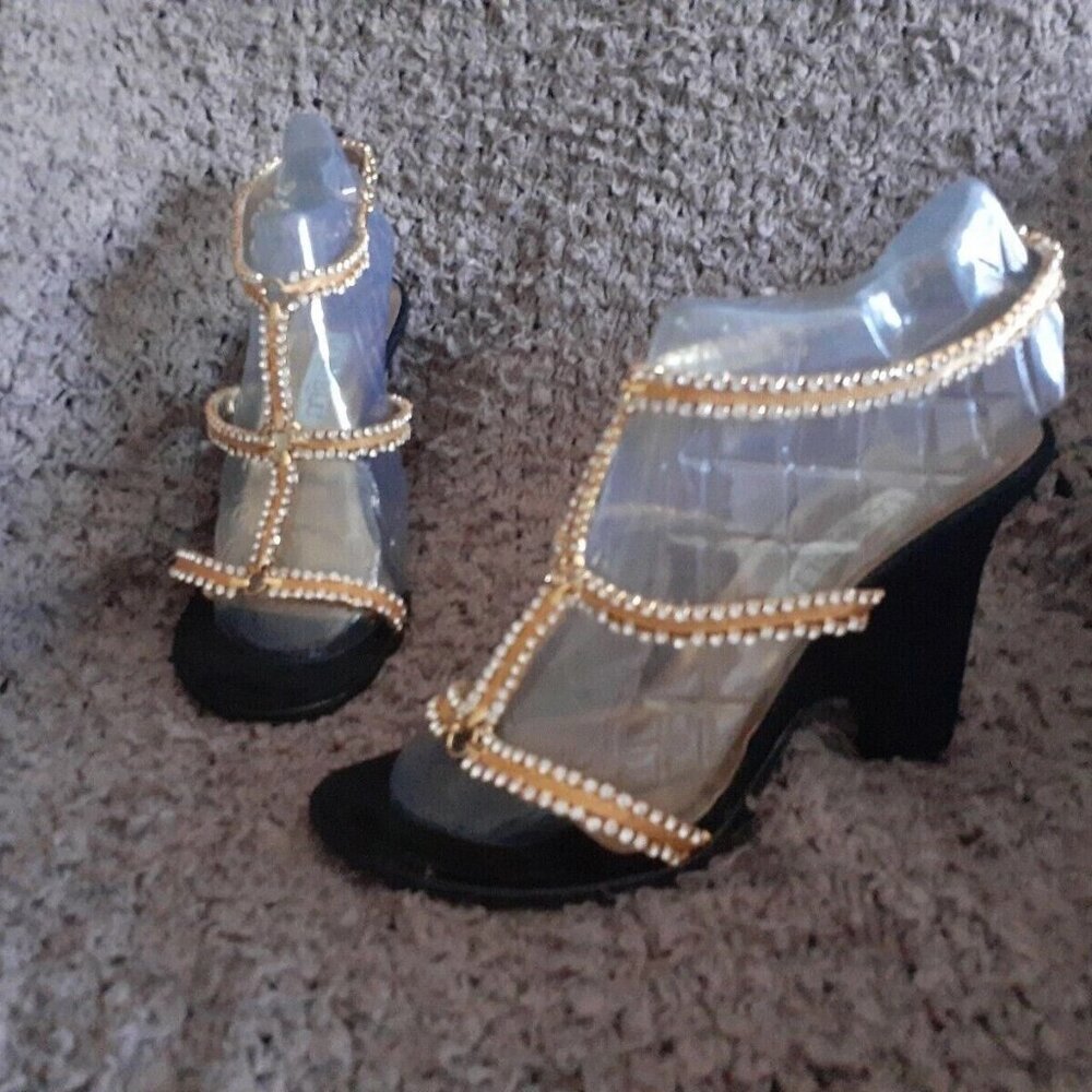 LORIBLU-Vero Cuoio-Made in Italy-Gold w/Crystals-Black Suede-Size 38-Excellent
